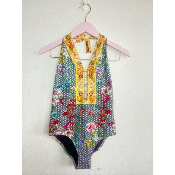 Johnny Was Other - Johnny Was Floral Halter One Piece Swimsuit XL Blue Multicolor